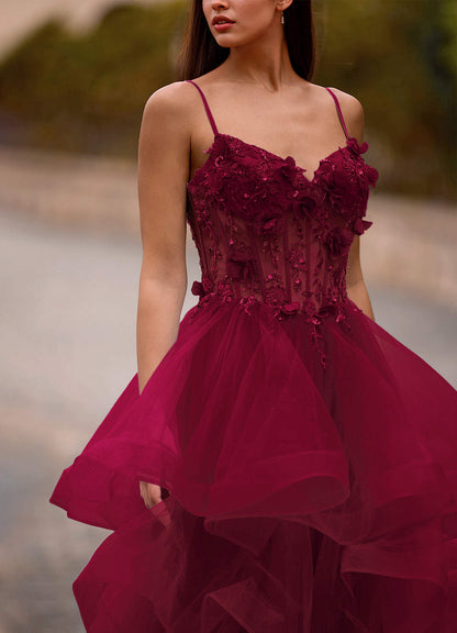 Dreama Burgundy Lace Corset Ruffle Prom Dress  Dress