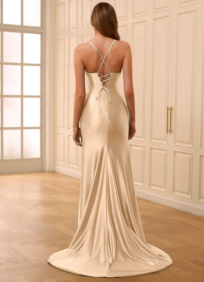 Satelle Champagne Cowl Neckline Stretch Satin Column Prom Dress