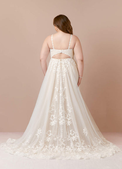 Diamond White Champagne A-Line V-Neck Lace Tulle Dress