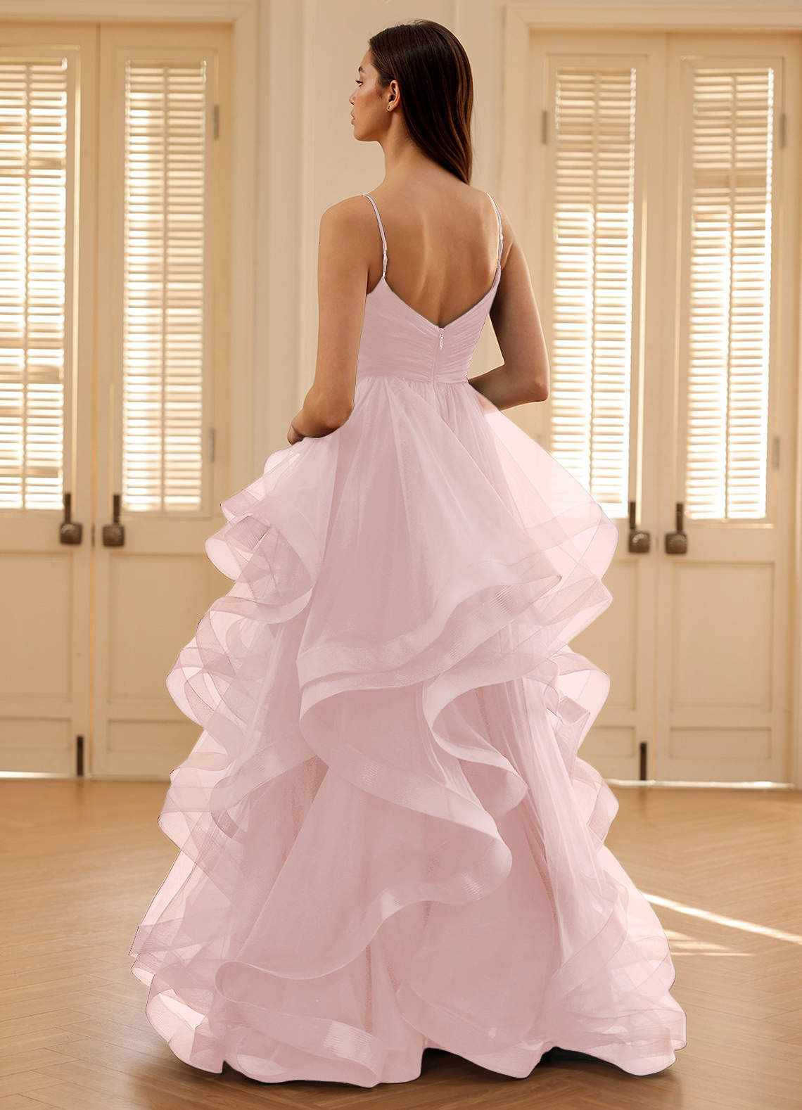 Carmencita Powder Pink A-Line Ruffles Prom Dress