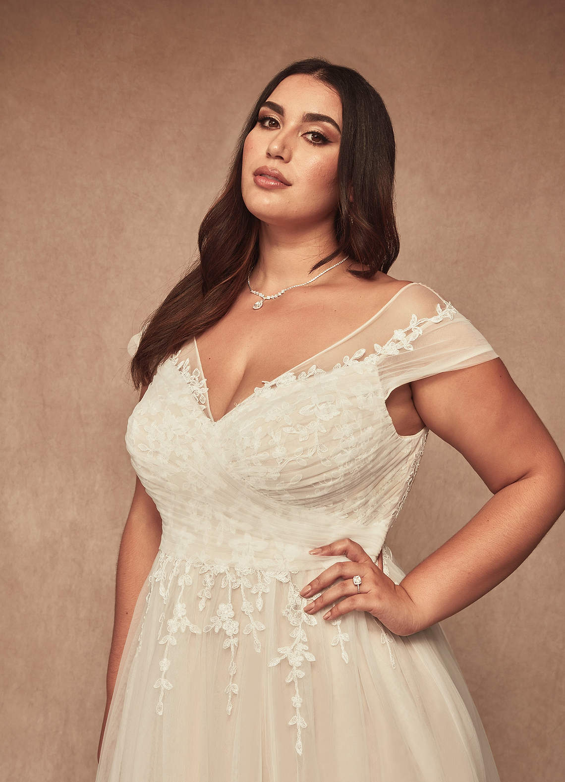 Diamond White Champagne A-Line V-Neck Tulle Dress