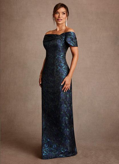 Dark Navy Sheath Off the Shoulder Floral Jacquard Dress