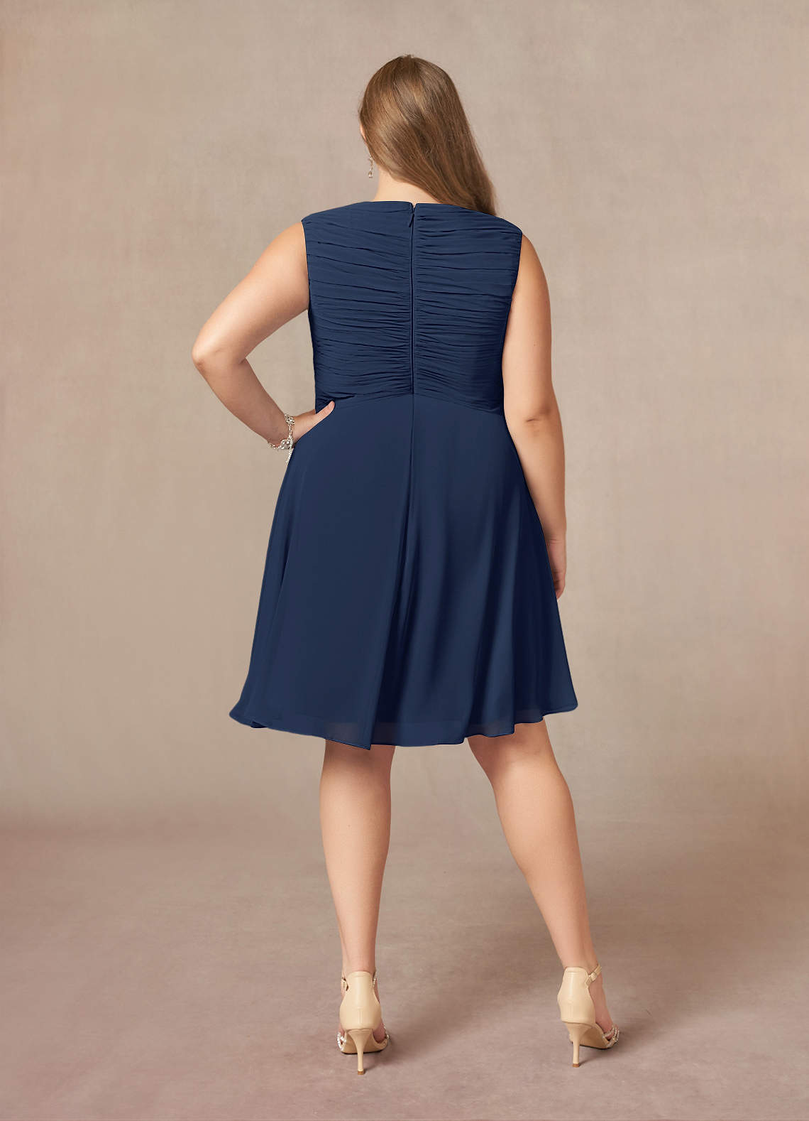 Dark Navy A-Line V-Neck Pleated Chiffon Dress