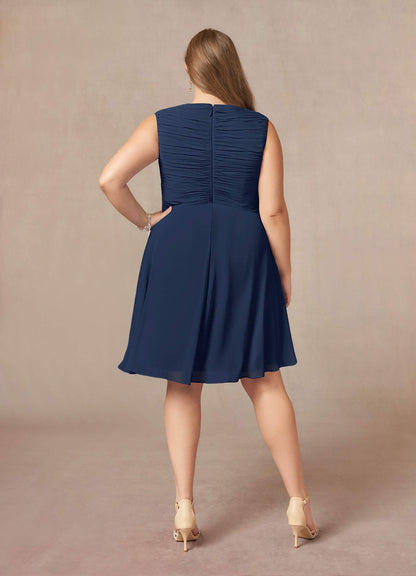 Dark Navy A-Line V-Neck Pleated Chiffon Dress