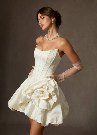 Antique White Ball-Gown Strapless Floral Jacquard Dress