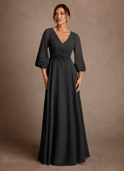 Black A-Line Lace Chiffon Dress