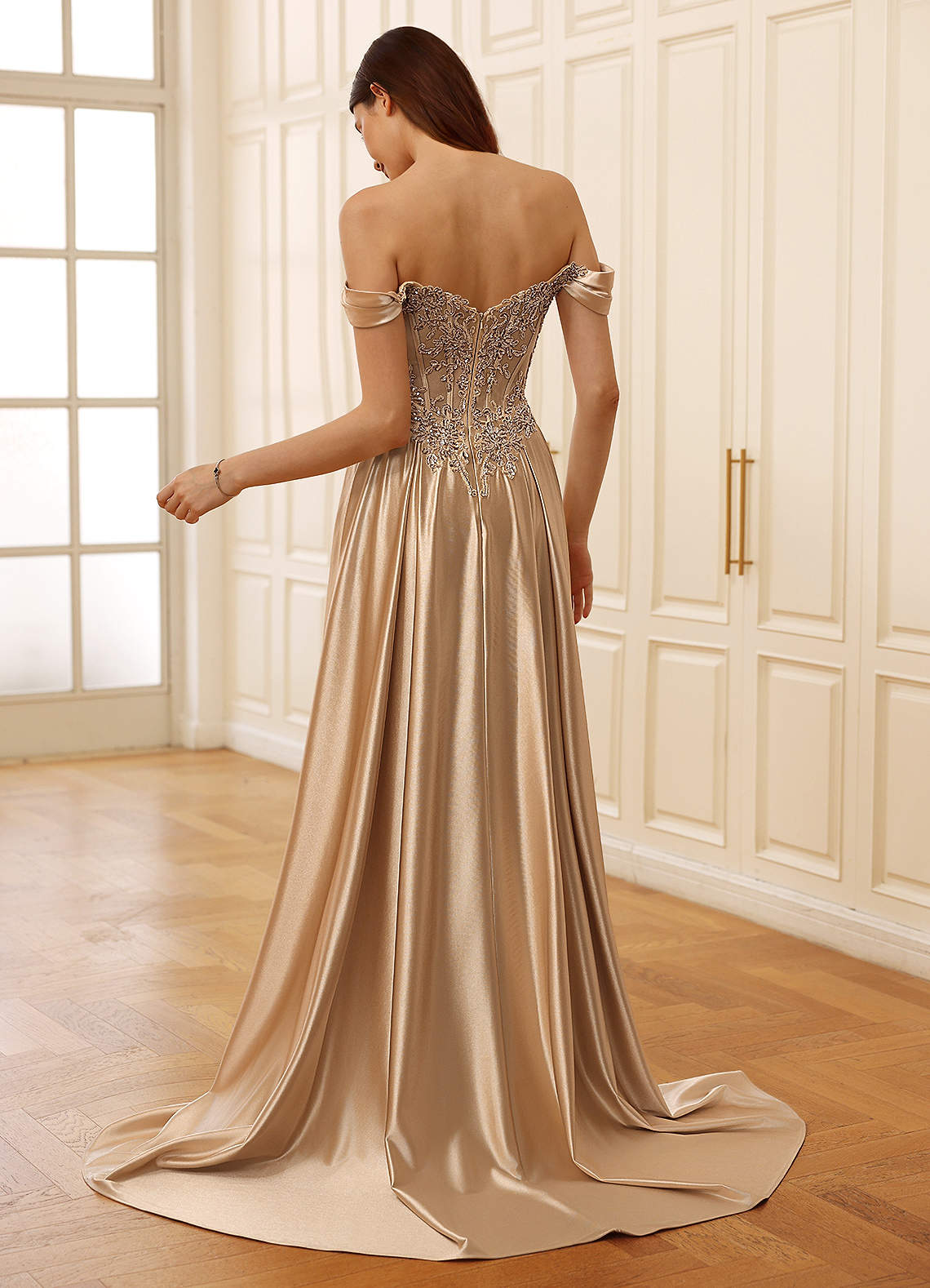 Rowane Champagne Corset Rhinestone Sheer Lace Prom Dress  Dress