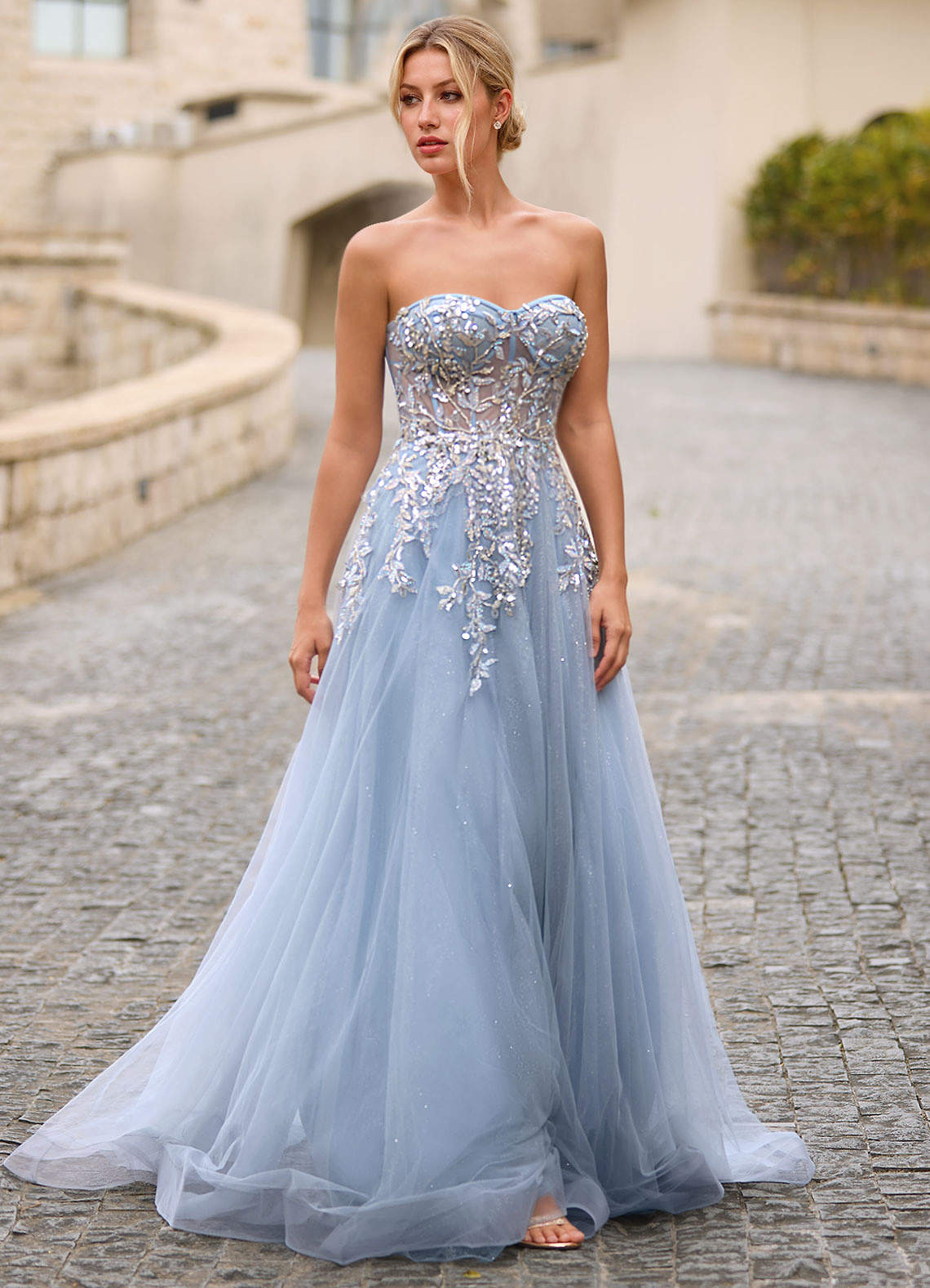 Celeste Dusty Blue Rhinestone Sheer Lace Prom Dress  Dress