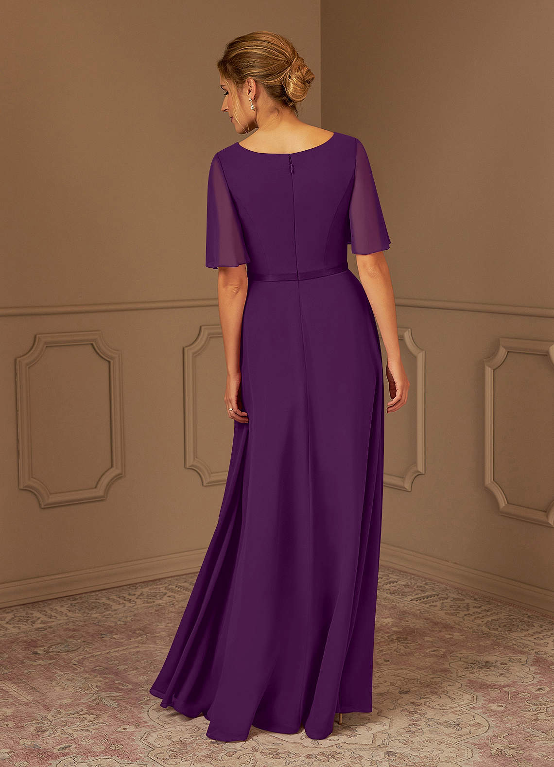 Grape A-Line V-Neck Pleated Chiffon Dress