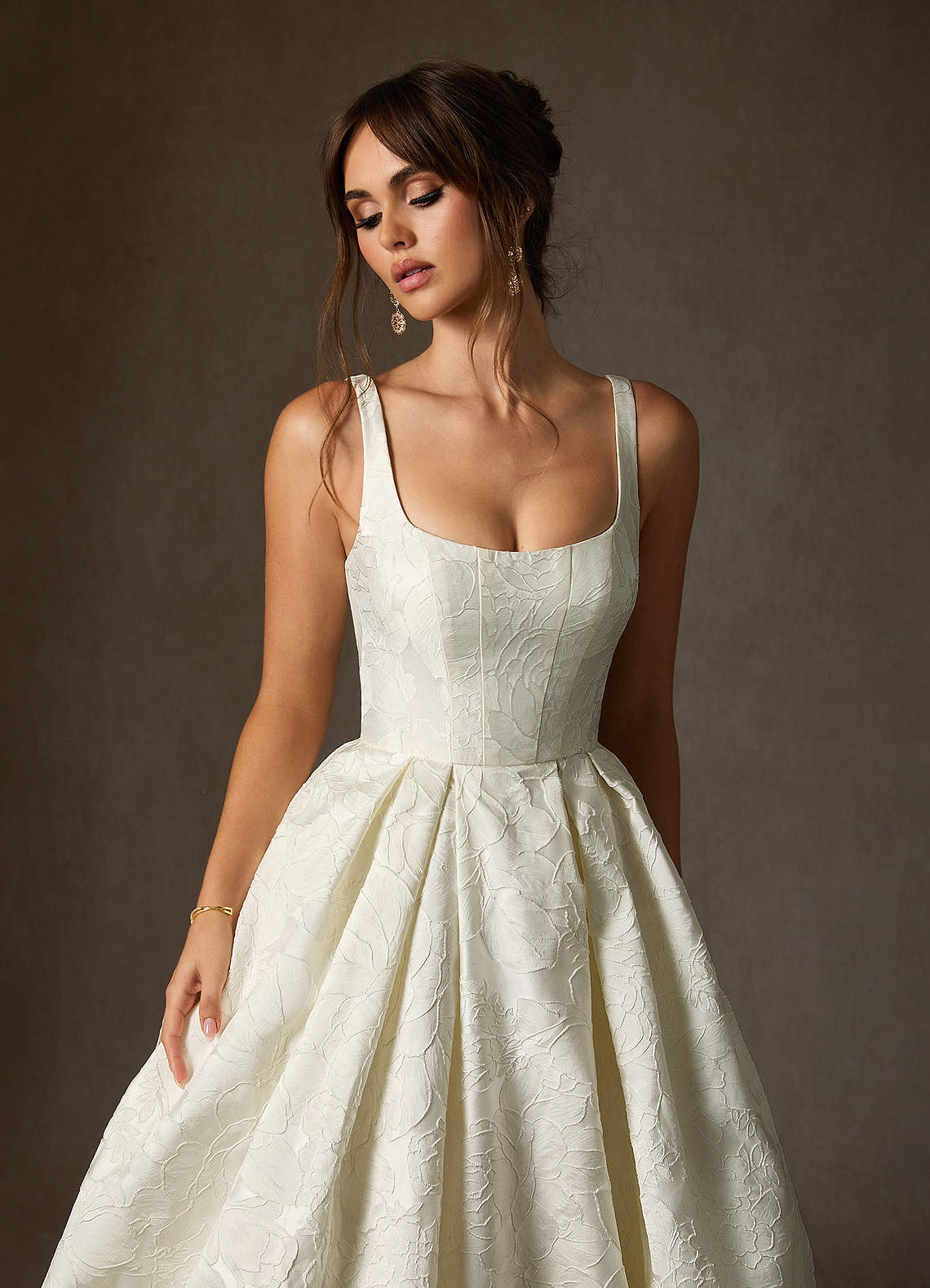 Antique White Ball-Gown with Pockets Floral Jacquard Dress