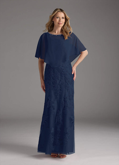 Dark Navy Mermaid Lace Chiffon Dress