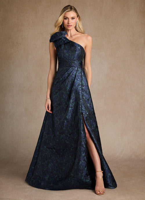 Dark Navy A-Line One Shoulder Jacquard Dress