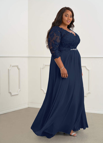Dark Navy A-Line V-Neck Lace Chiffon Dress