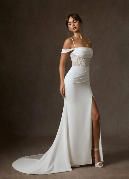 Diamond White Nude Mermaid Off the Shoulder Crepe Back Satin Dress
