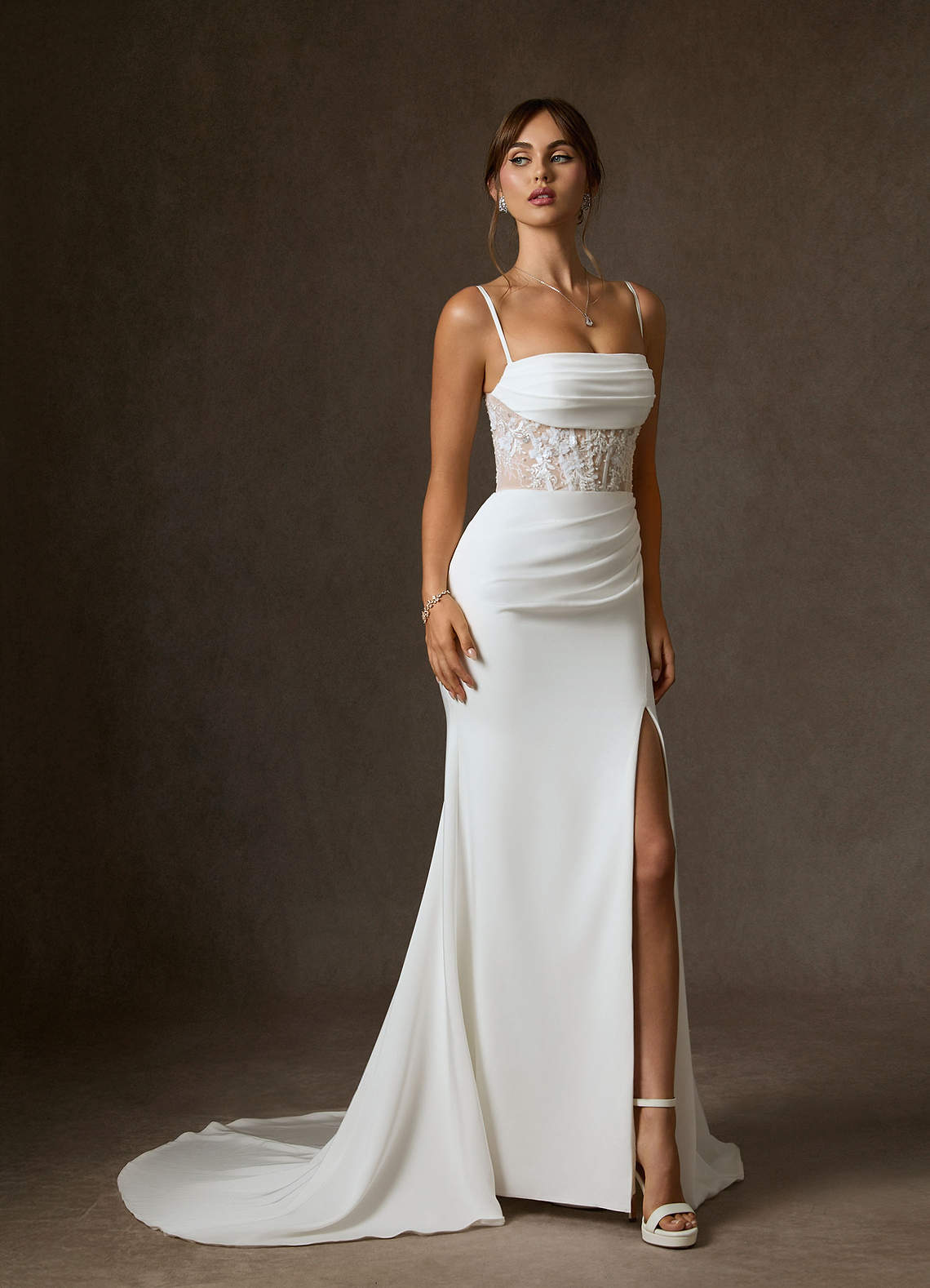 Diamond White Nude Mermaid Off the Shoulder Crepe Back Satin Dress