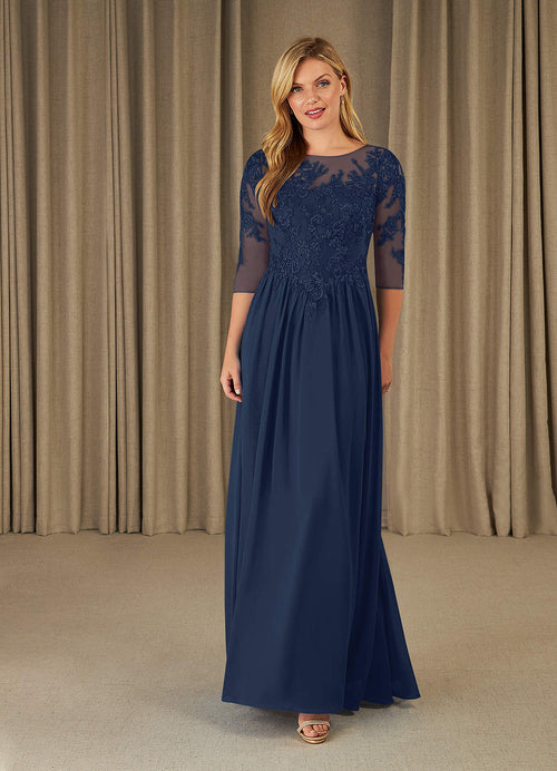 Dark Navy A-Line Scoop Lace Chiffon Dress