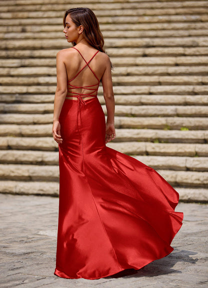 Luminous Red Column Satin Prom Dress  Dress