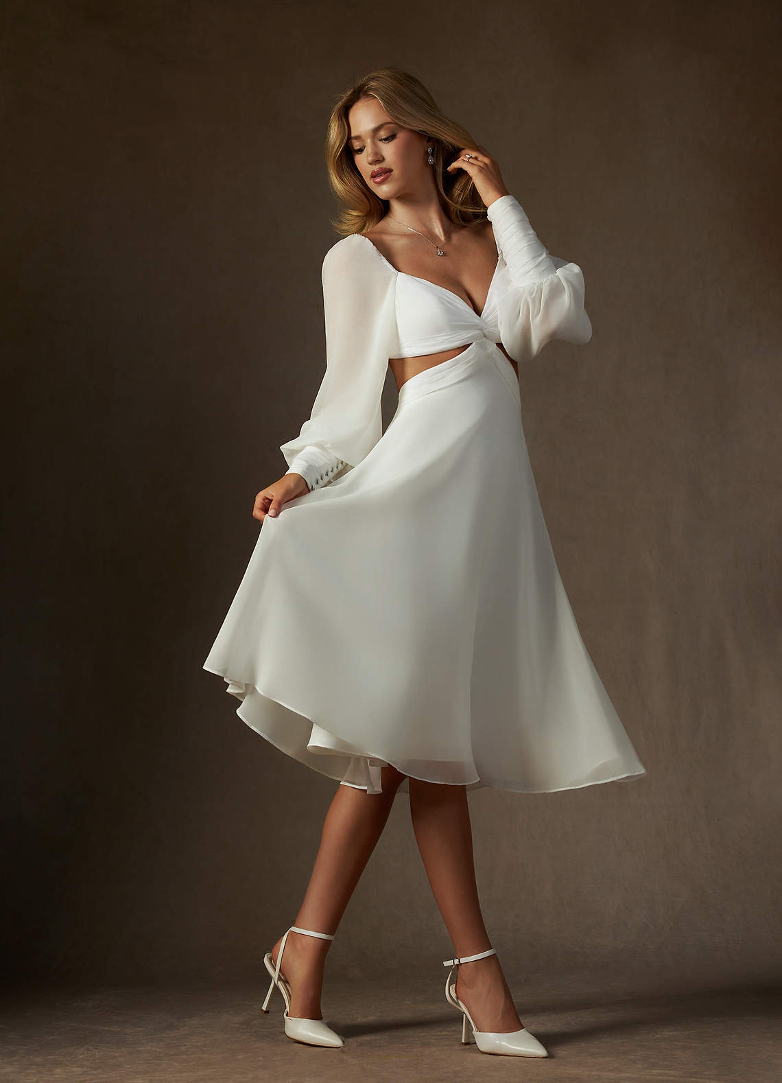 Diamond White A-Line V-Neck Pleated Chiffon Dress