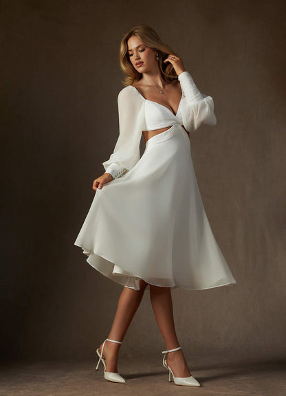 Diamond White A-Line V-Neck Pleated Chiffon Dress