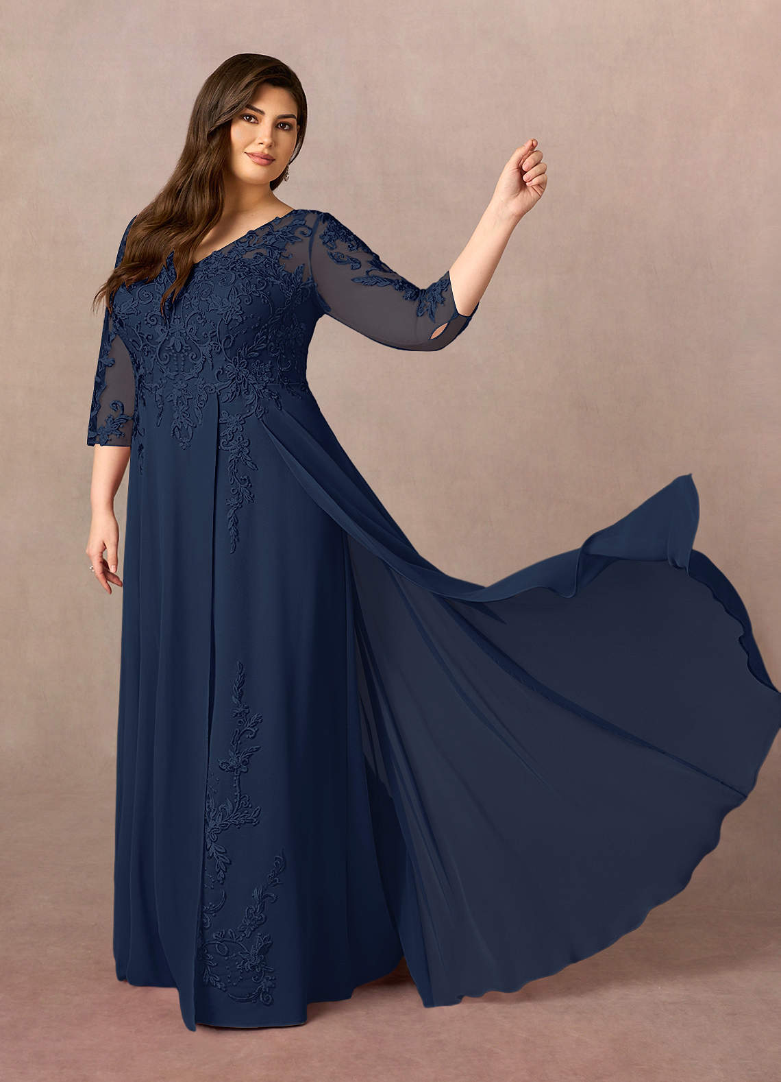 Dark Navy A-Line V-Neck Lace Chiffon Dress