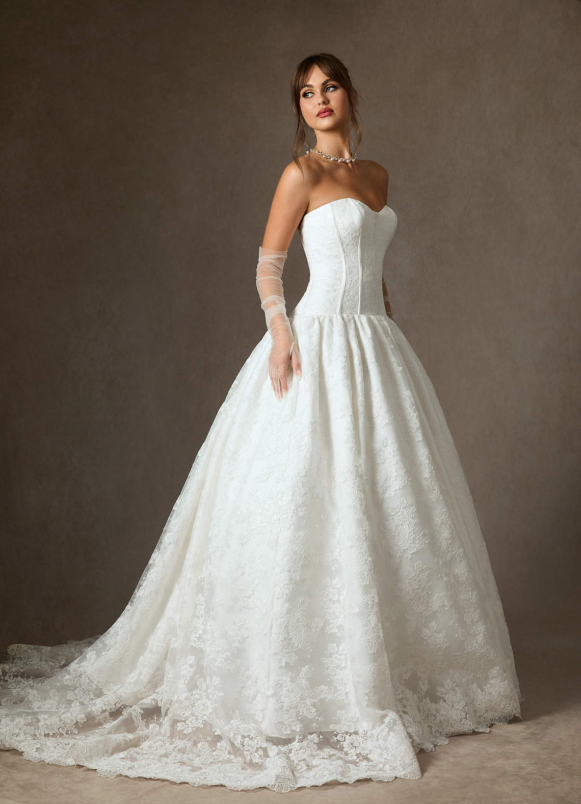 Diamond White Ball-Gown Strapless Lace Dress
