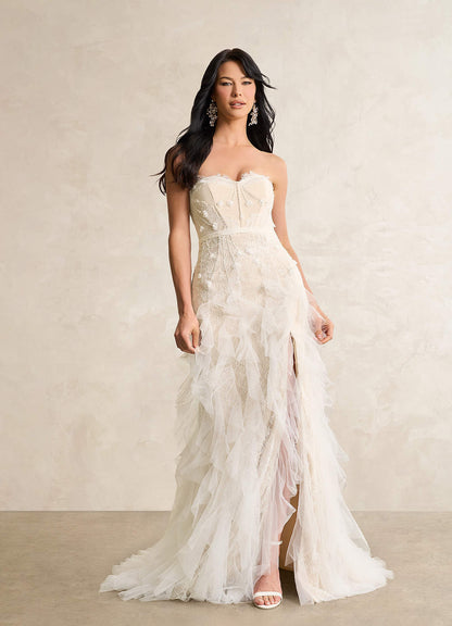 Diamond White Champagne Sheath Sequins Tulle Dress