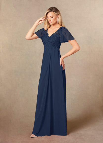 Dark Navy A-Line V-Neck Lace Chiffon Dress