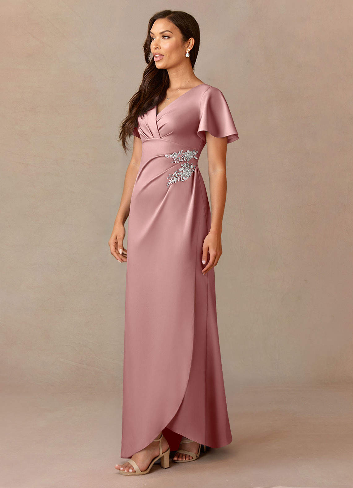 Dusty Rose A-Line Pleated Stretch Satin Dress