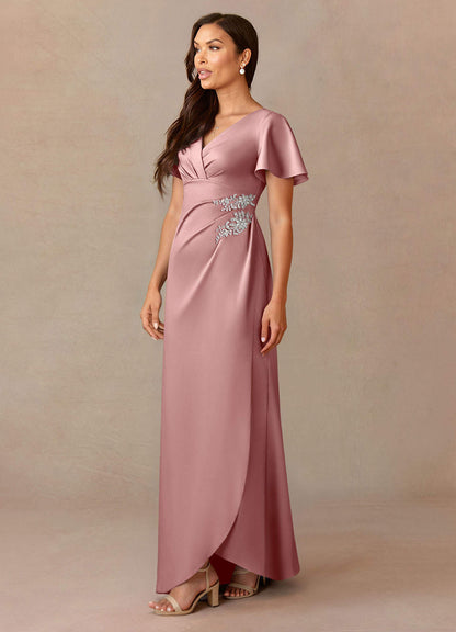 Dusty Rose A-Line Pleated Stretch Satin Dress