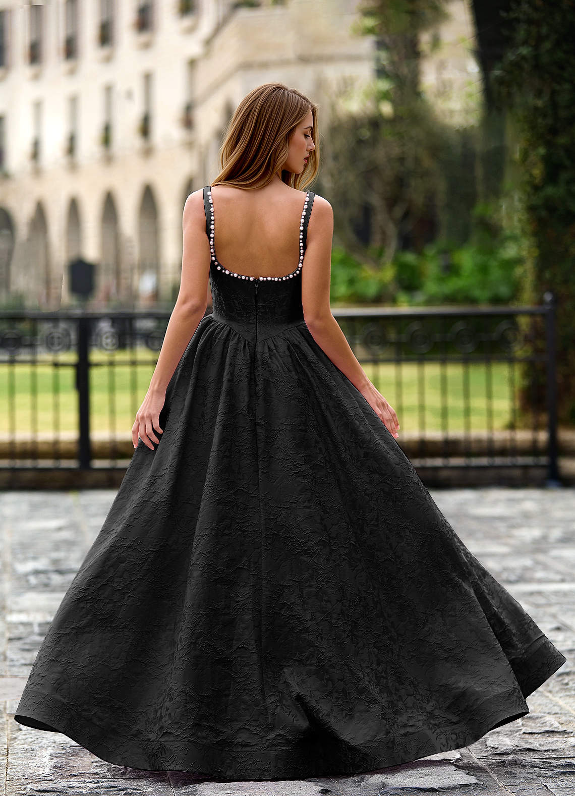 Thyme Black A-Line 3D Flowers Prom Dress