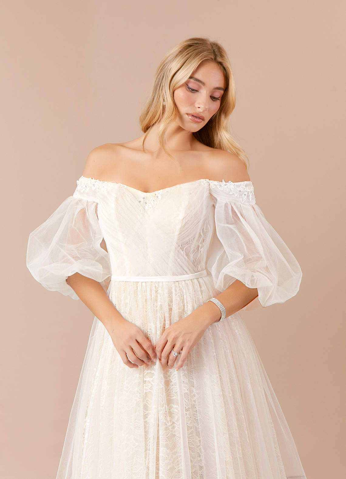 Diamond White Champagne Ball-Gown Sequins Tulle Dress