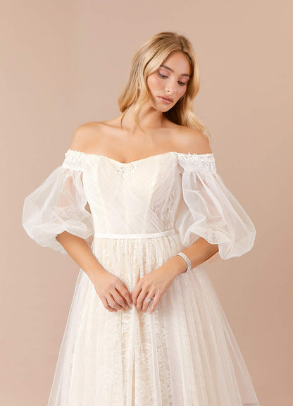 Diamond White Champagne Ball-Gown Sequins Tulle Dress
