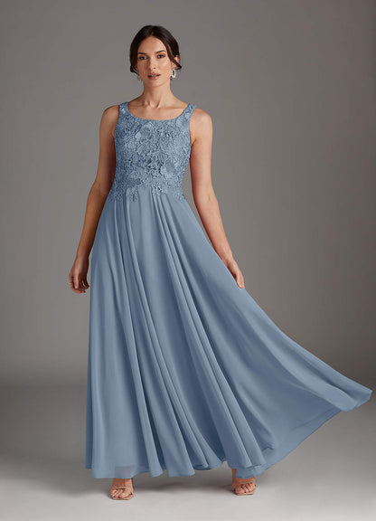 Dusty Blue A-Line Scoop lace Chiffon Dress
