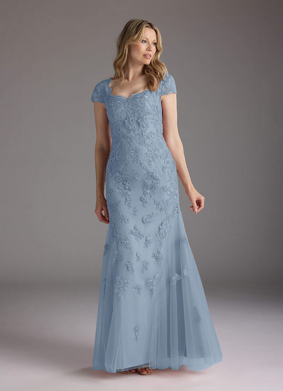 Dusty Blue Mermaid Queen Anne Sequins Lace Dress