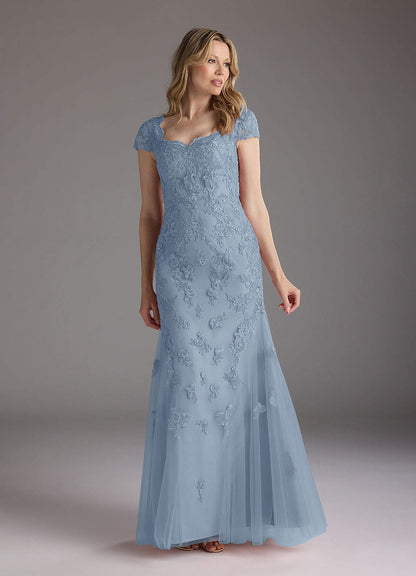 Dusty Blue Mermaid Queen Anne Sequins Lace Dress