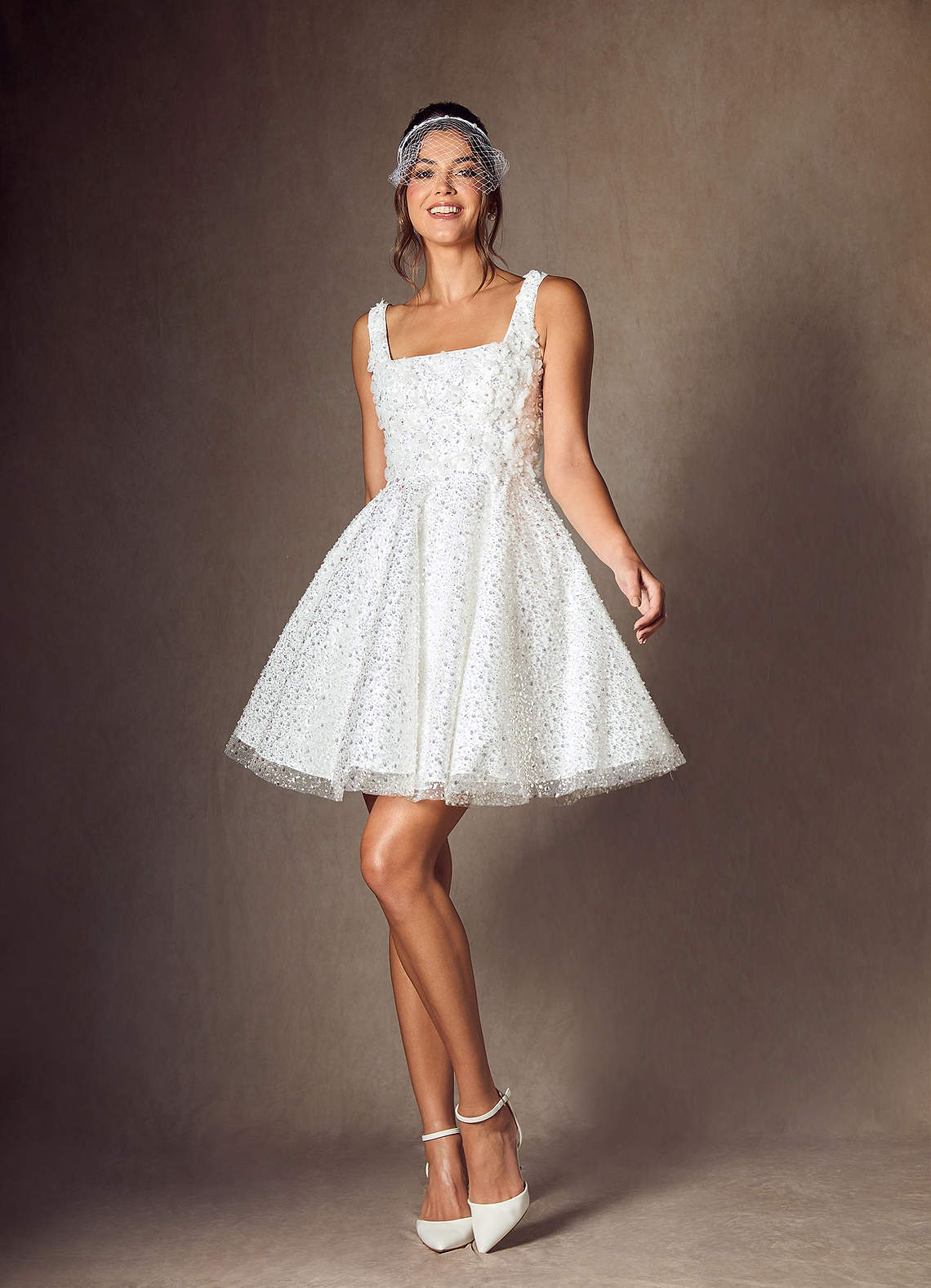Diamond White A-Line with Pockets Beading Dress