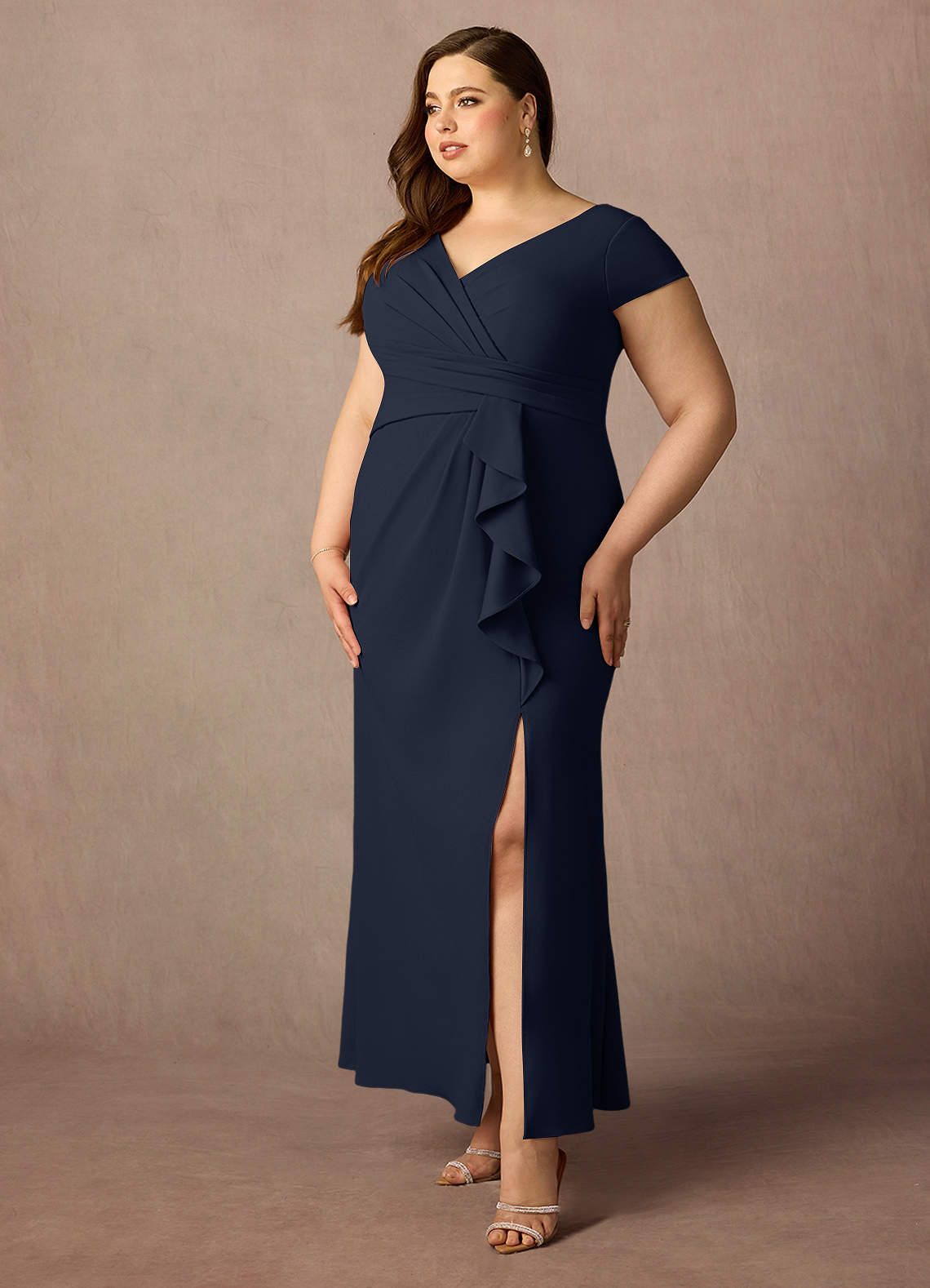 Dark Navy Mermaid V-Neck Pleated Stretch Crepe Dress