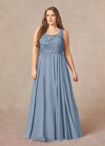 Dusty Blue A-Line Scoop lace Chiffon Dress