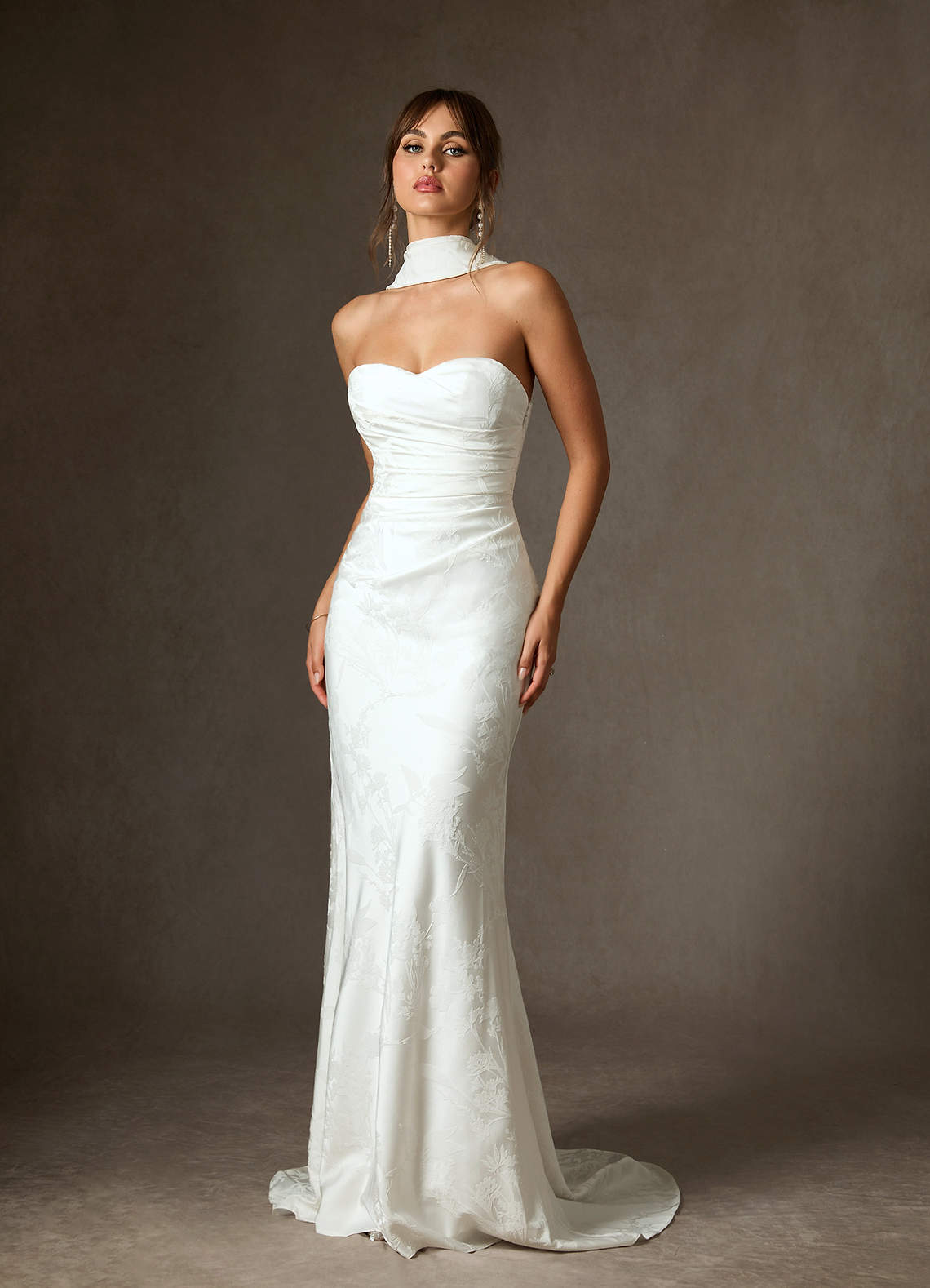 Diamond White Sheath Strapless Floral Jacquard Dress