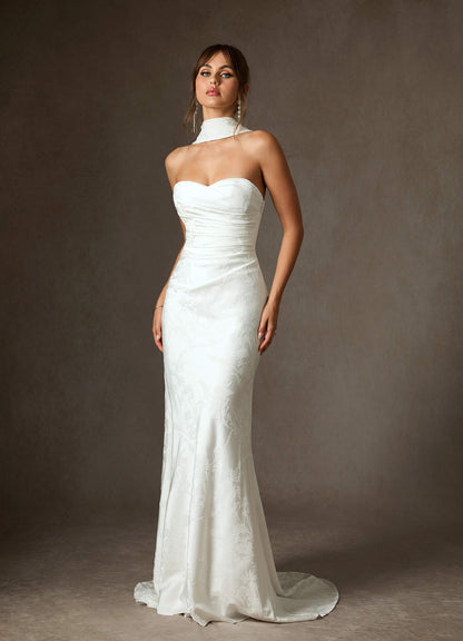 Diamond White Sheath Strapless Floral Jacquard Dress