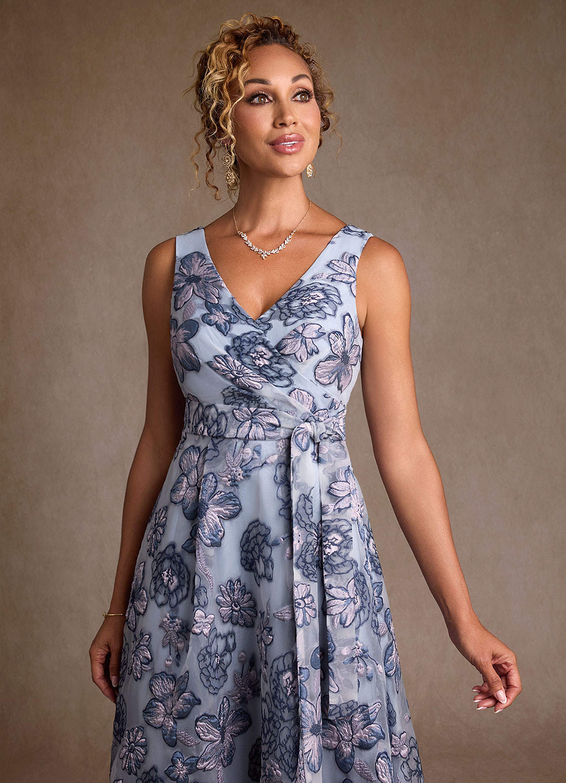 Dusty Blue Jacquard A-Line Pleated Floral Jacquard Dress