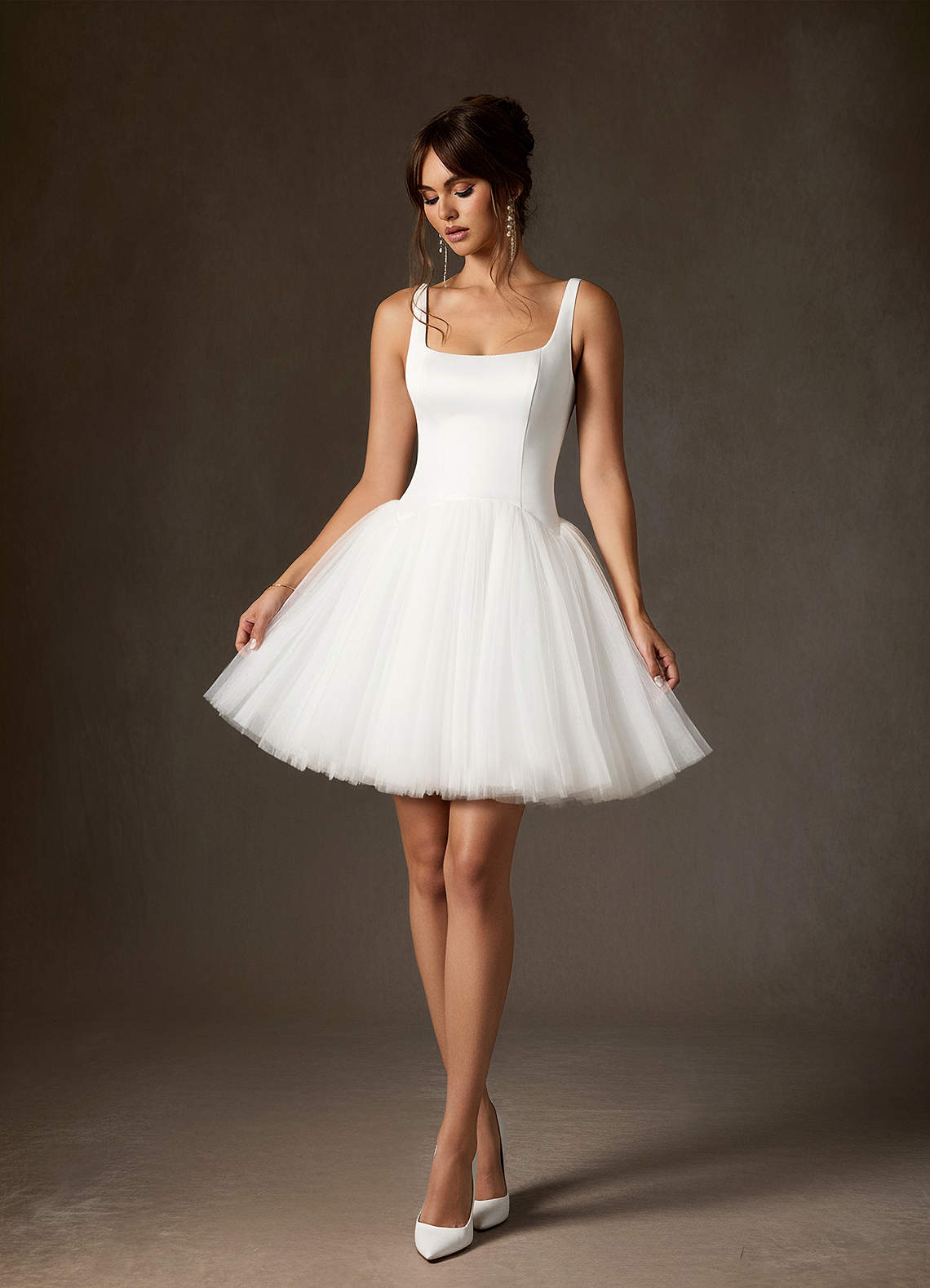 Diamond White A-Line Square Neckline Tulle Dress