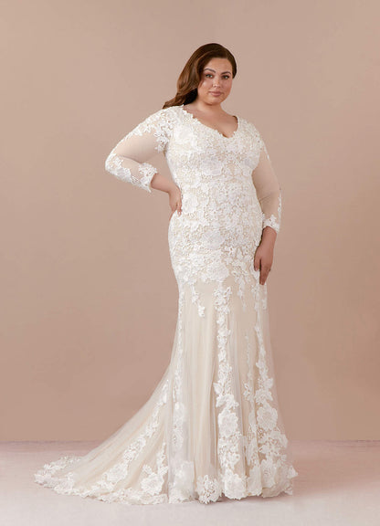 Diamond White Champagne Mermaid V-Neck lace Tulle Dress