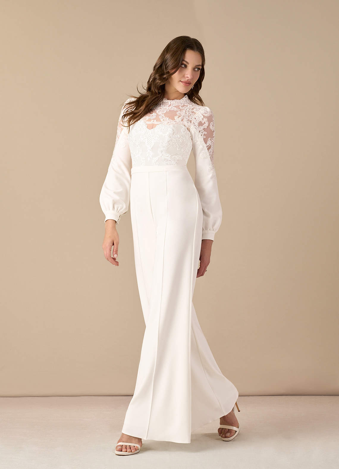 Diamond White Pant Styles High Neck Sequins Stretch Crepe Dress