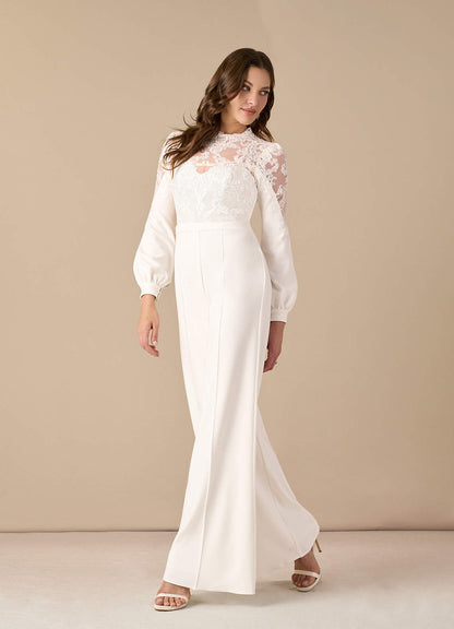 Diamond White Pant Styles High Neck Sequins Stretch Crepe Dress