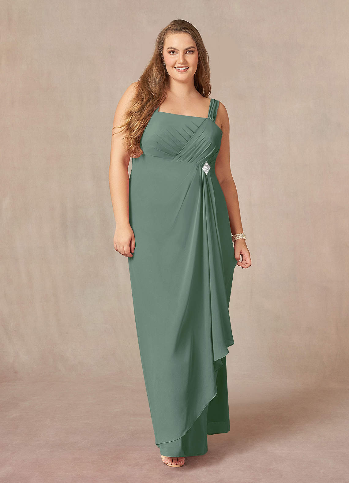 Eucalyptus A-Line Square Neckline Pleated Chiffon Dress