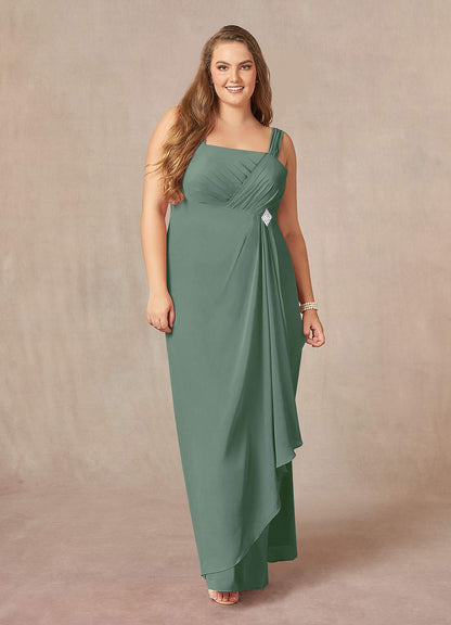 Eucalyptus A-Line Square Neckline Pleated Chiffon Dress