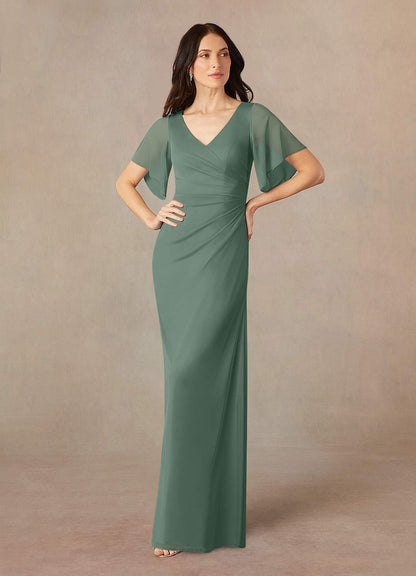 Eucalyptus A-Line V-Neck ruched Mesh Dress