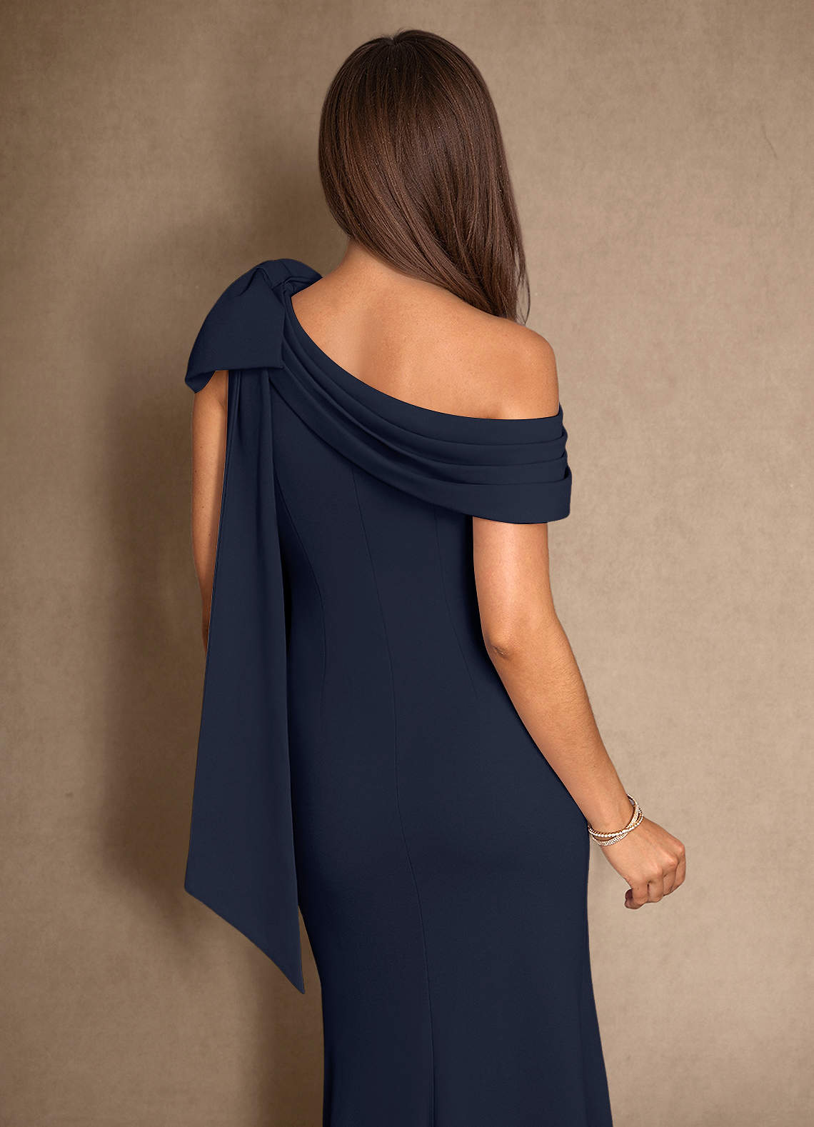 Dark Navy Mermaid Pleated Stretch Crepe Dress