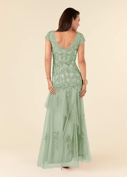 Dusty Sage Mermaid V-Neck Sequins Tulle Dress